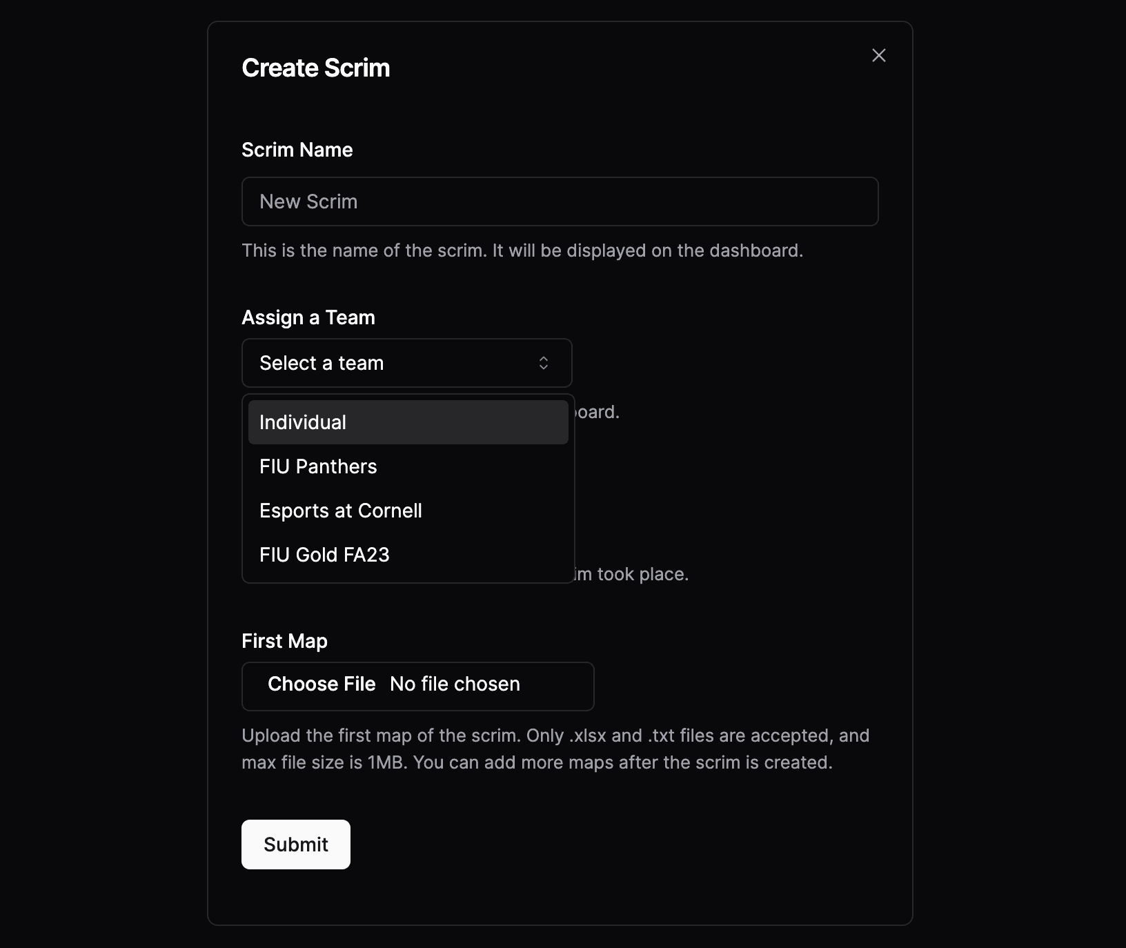 Create Scrim Team Dropdown